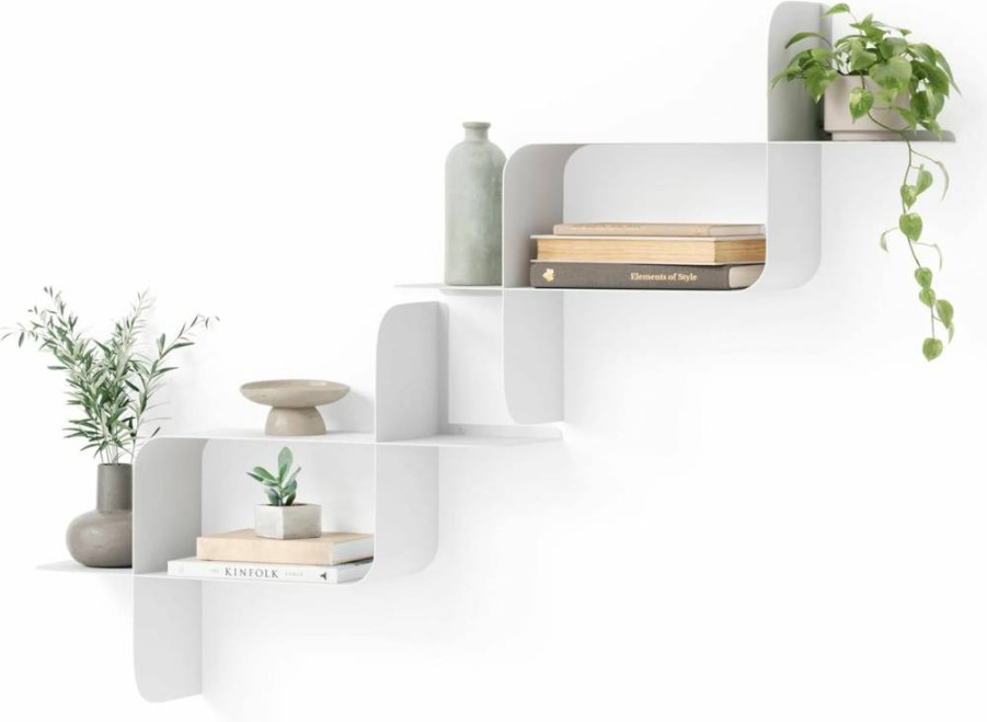 Umbra Montage White Metal Floating Wall Shelves - Set of 2, Modern Decorative Storage
