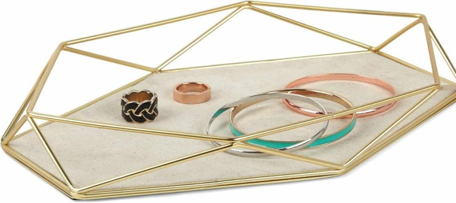 Umbra Prisma Tray Geometric Jewelry Organizer - Matte Brass Finish, 11" x 7.25" x 1.5", Stylish Storage Box for Rings, Earrings, and Accessories