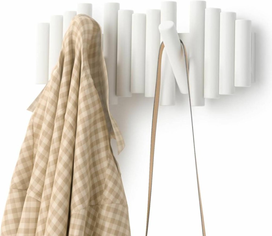 Umbra Picket Rail Wall Hook - 5 Hoops, Modern White Coat Rack for Stylish Home Organization