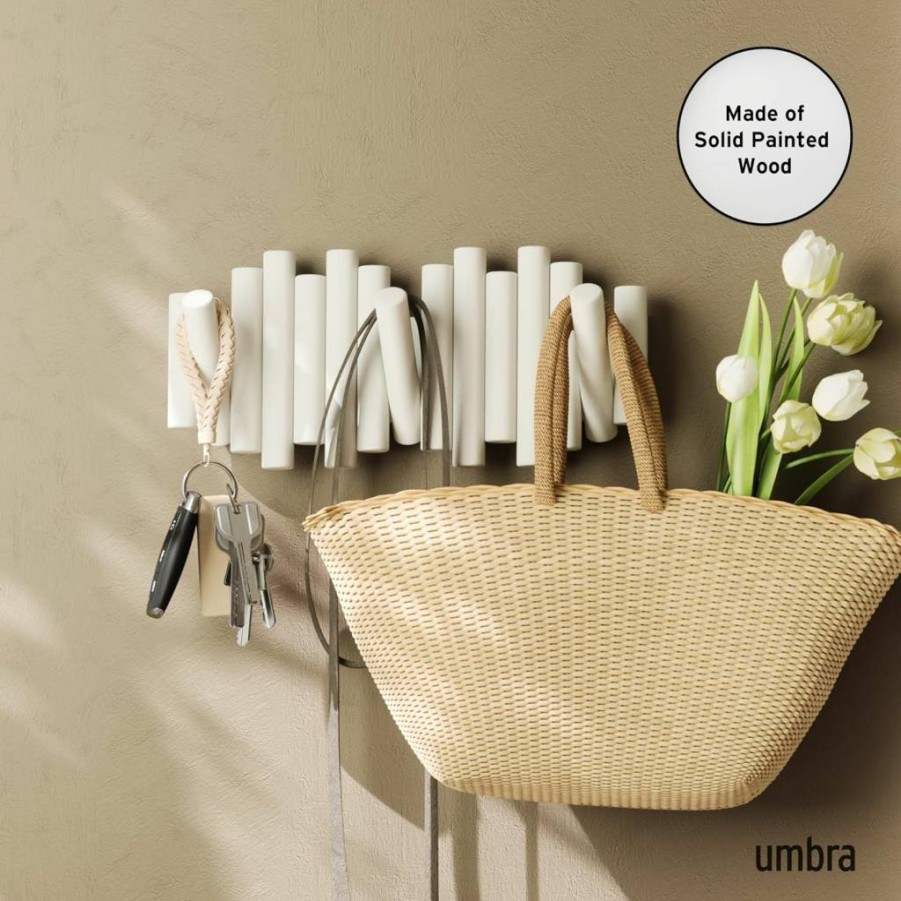 Umbra Picket Rail Wall Hook - 5 Hoops, Modern White Coat Rack for Stylish Home Organization