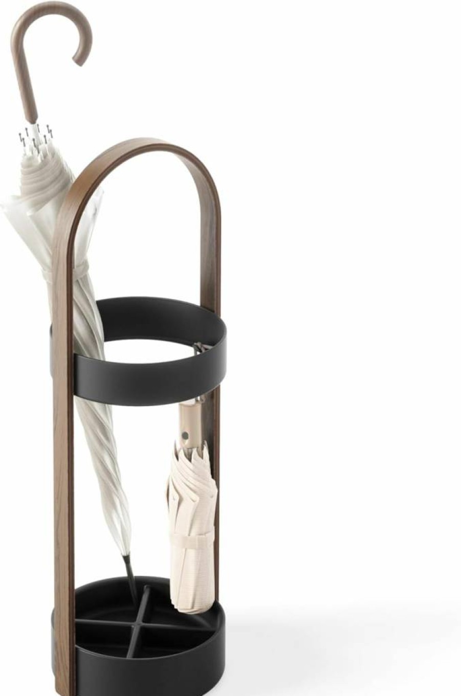 Umbra Modern Space-Saving Hub Umbrella Stand in Black/Walnut - Compact Entryway Organizer