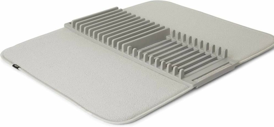 Umbra Udry Foldable Dish Drying Rack with Microfiber Mat - Light Grey, Space-Saving Storage, Lightweight Design for Countertop