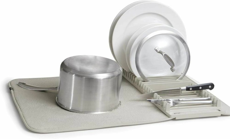 Umbra Udry Foldable Dish Drying Rack with Microfiber Mat - Light Grey, Space-Saving Storage, Lightweight Design for Countertop