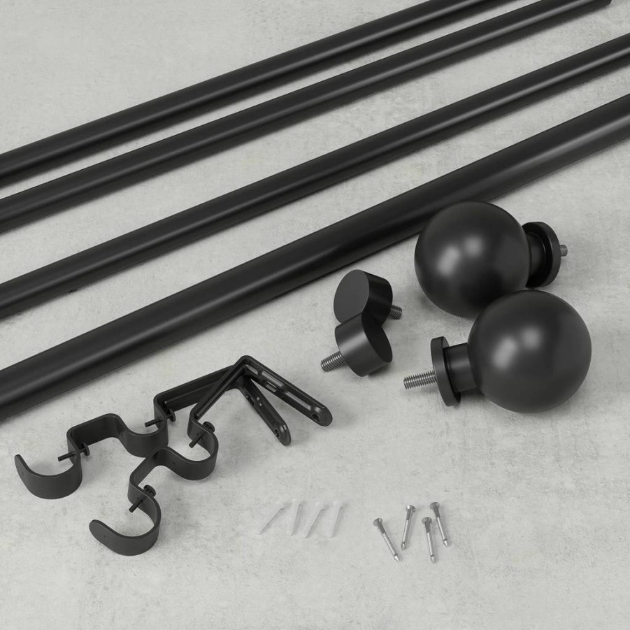 Umbra Bolas Modern Curtain Rod Set with 2 Finials, Brackets & Hardware, Adjustable 36-72 Inch, Matte Black
