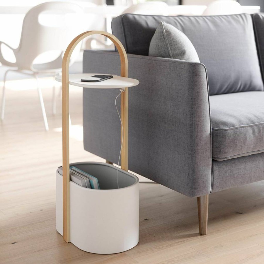 Umbra Bellwood White Side Table with Storage & Cable Management - 9.5" x 13.75" x 27" Nightstand, Modern Bedroom End Table