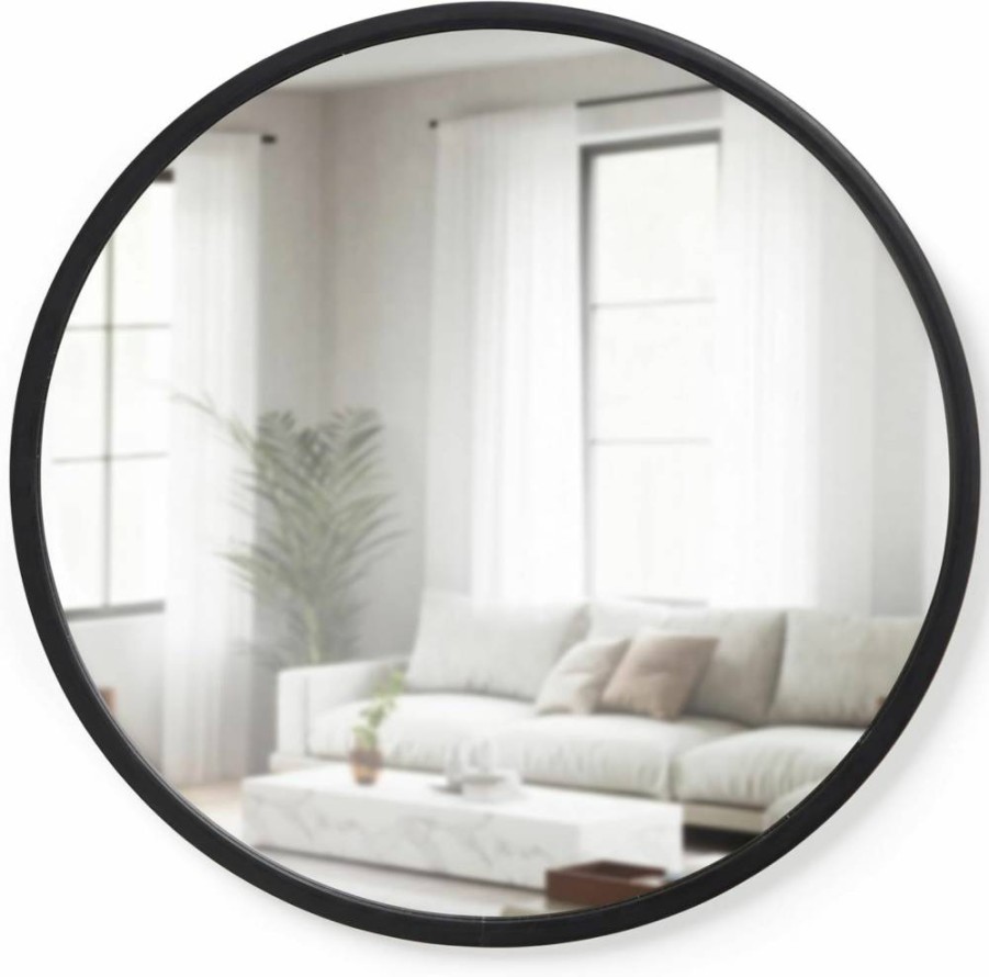 Umbra Hub 24-Inch Round Wall Mirror - Modern Black Rubber Frame for Bathroom, Entryway, Living Room Decor