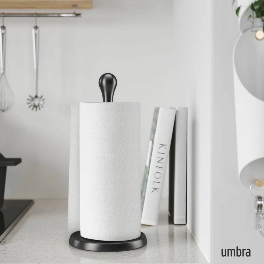 Umbra Tug One-Handed Paper Towel Holder - Modern Black Bathroom or Kitchen Dispenser