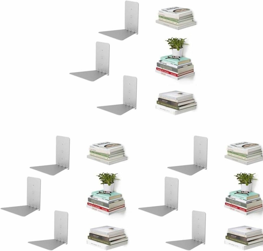 Umbra Conceal Floating Bookshelf Set of 3 - Small Silver Wall-Mounted Shelves for Modern Home Decor