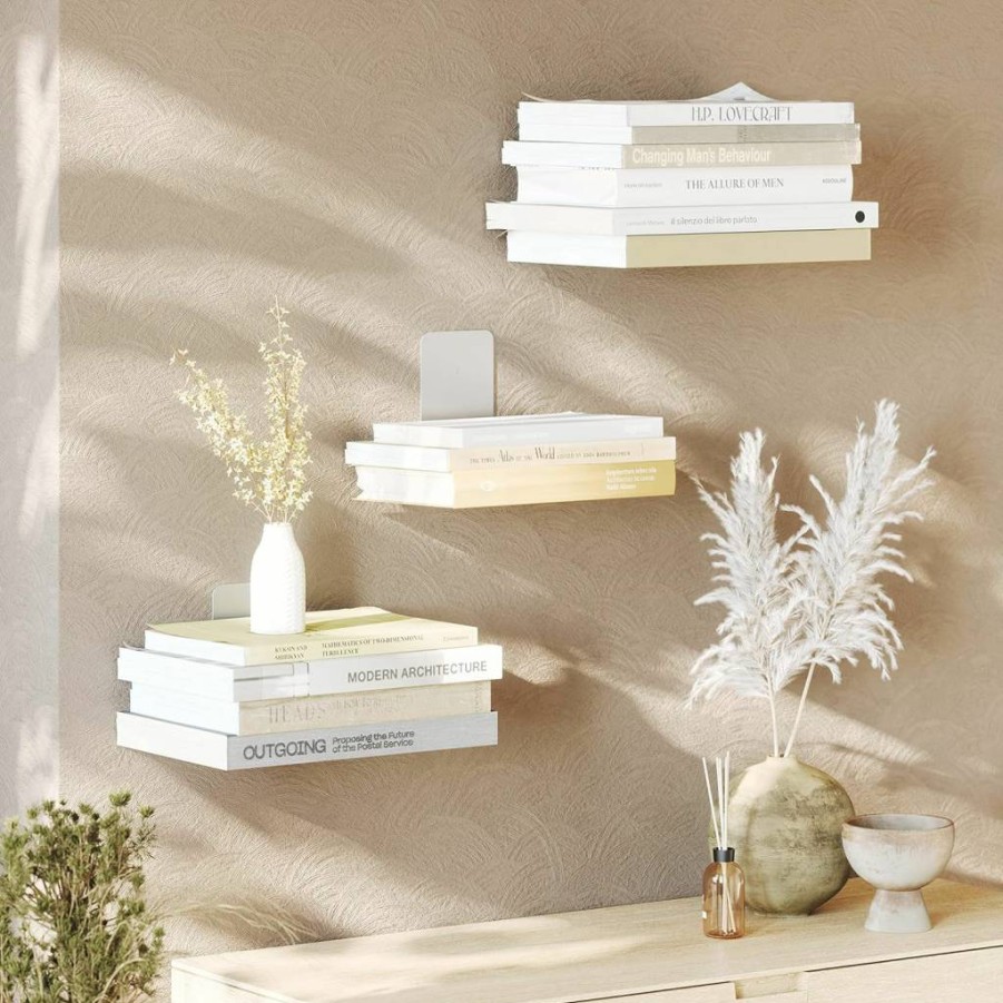 Umbra Conceal Floating Bookshelf Set of 3 - Small Silver Wall-Mounted Shelves for Modern Home Decor