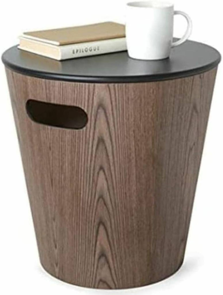 Umbra Woodrow Round Storage Ottoman Stool - Modern White & Natural Wood Foot Rest, Bench Seat