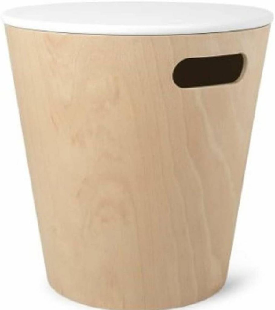 Umbra Woodrow Round Storage Ottoman Stool - Modern White & Natural Wood Foot Rest, Bench Seat