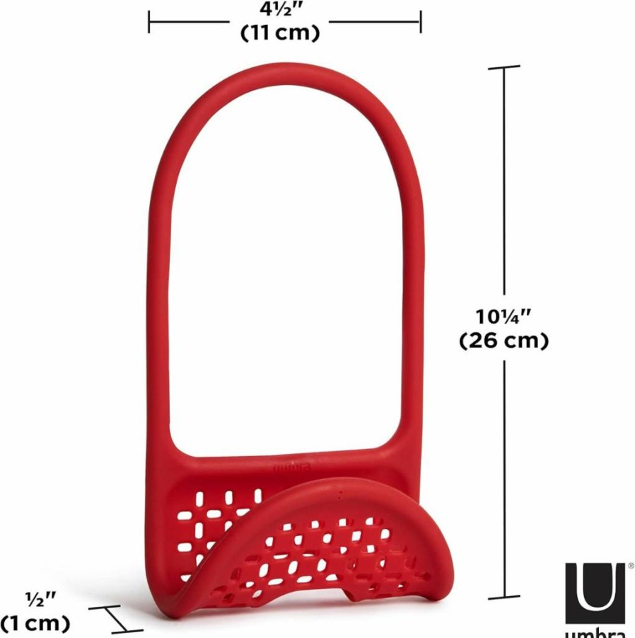Umbra Flexible Kitchen Sink Sponge Holder with Non-Slip Design, Customizable Organizer for Dish Scrub Brush and Dishcloth, Red Caddy for Sink Organization