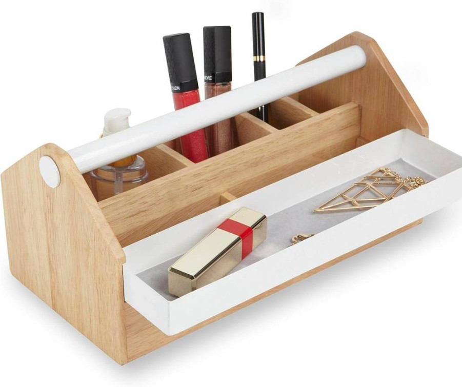Umbra Toto Birch Wood Storage Box with Metal Finish – Organizer for Makeup, Jewelry, Stationery & Home Decor, Natural/White, Long Rectangular Design
