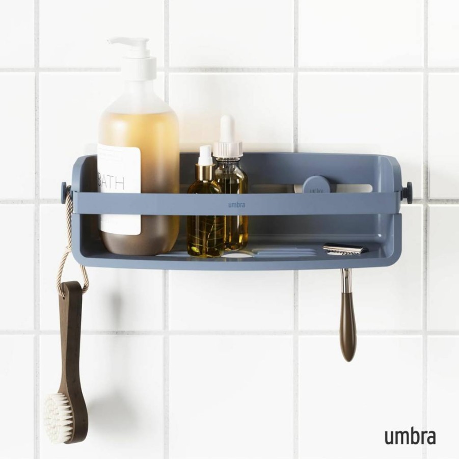Umbra Flex Adhesive Corner Trash Can, Slate Blue - Space-Saving Waste Bin for Bathroom, Kitchen, or Office