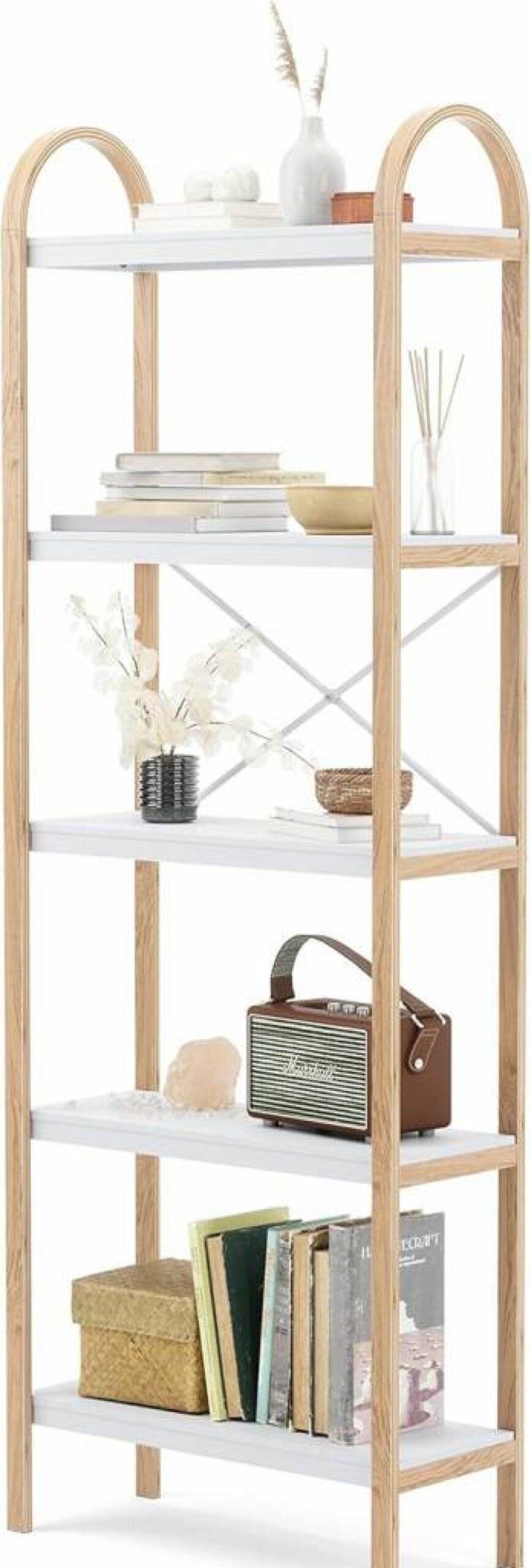Umbra Bellwood 5-Tier Wooden Shelf - Freestanding Storage Organizer, White & Natural Finish