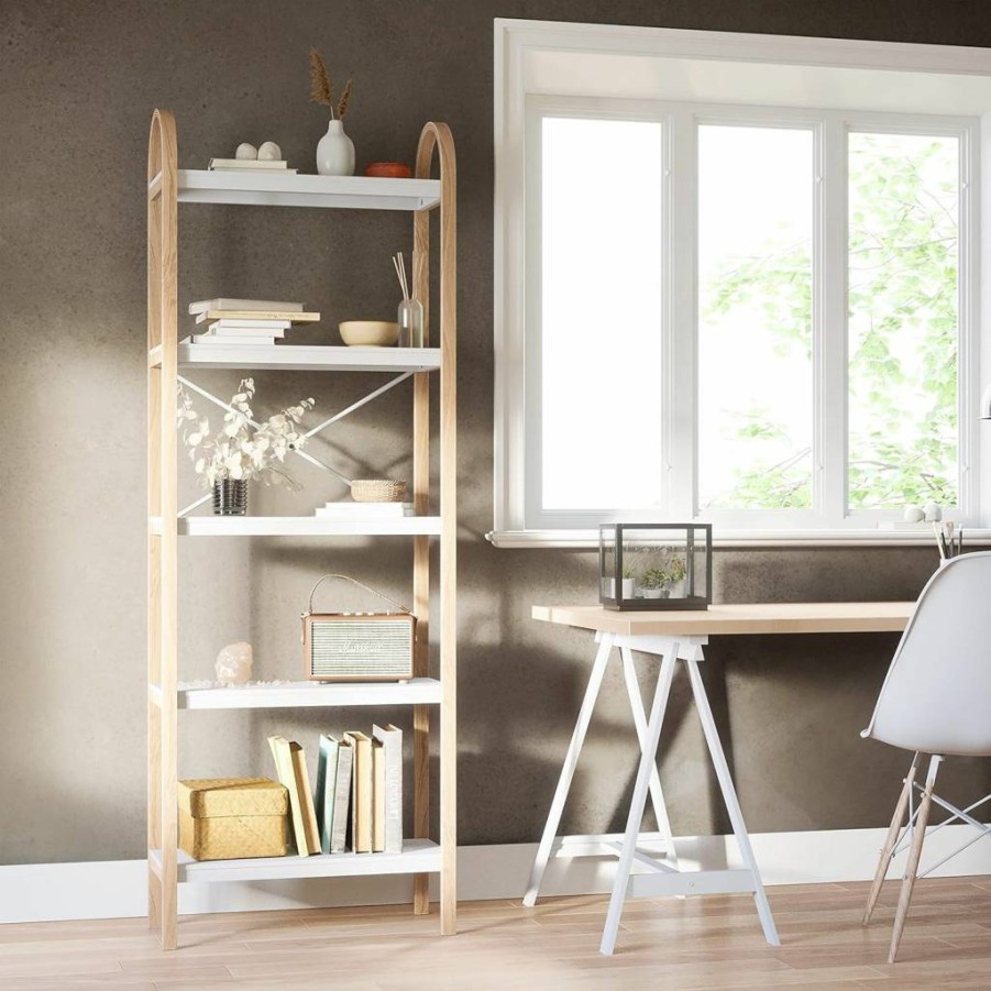 Umbra Bellwood 5-Tier Wooden Shelf - Freestanding Storage Organizer, White & Natural Finish