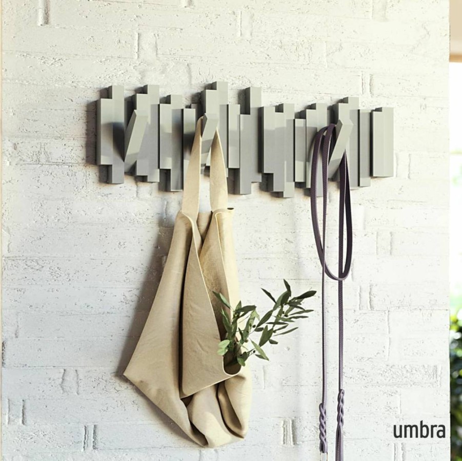 Umbra Modern Wall-Mounted Coat Rack with 5 Retractable Hooks, Space-Saving Storage Organizer, Grey