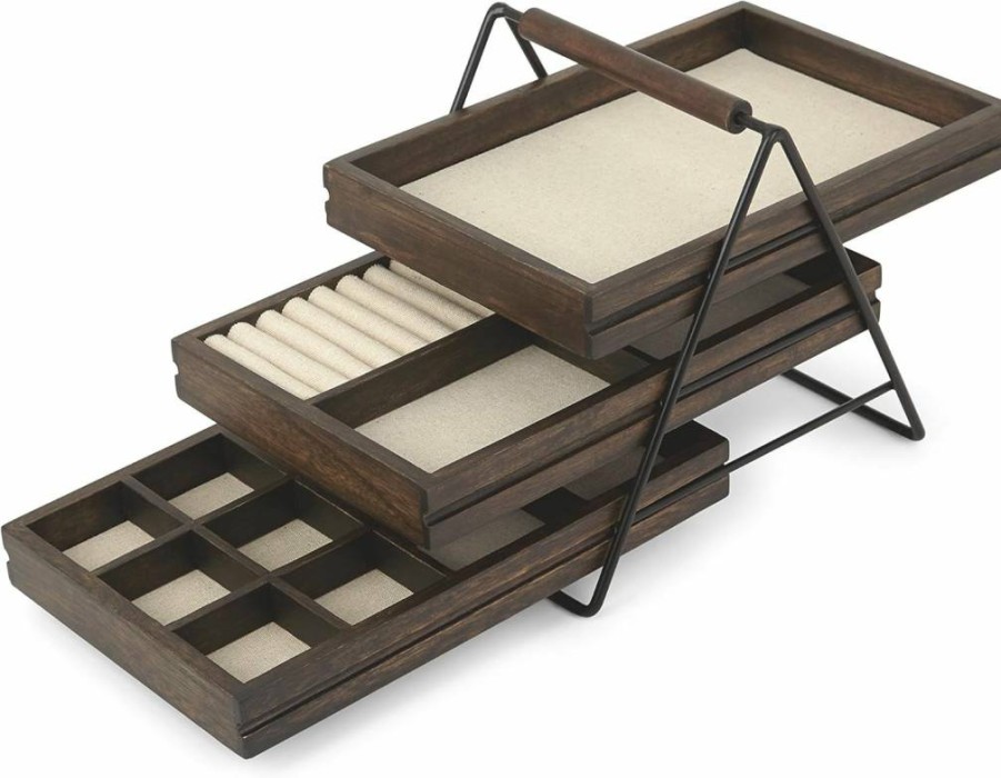 Umbra Three-Tier Jewelry Organizer Tray with Sliding Wooden Trays, Metal Frame & Handle, Linen Lined for Easy Storage - Black/Walnut Finish