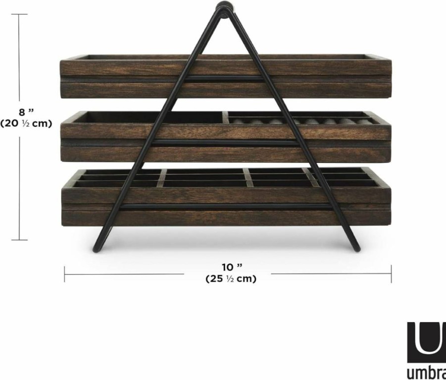 Umbra Three-Tier Jewelry Organizer Tray with Sliding Wooden Trays, Metal Frame & Handle, Linen Lined for Easy Storage - Black/Walnut Finish