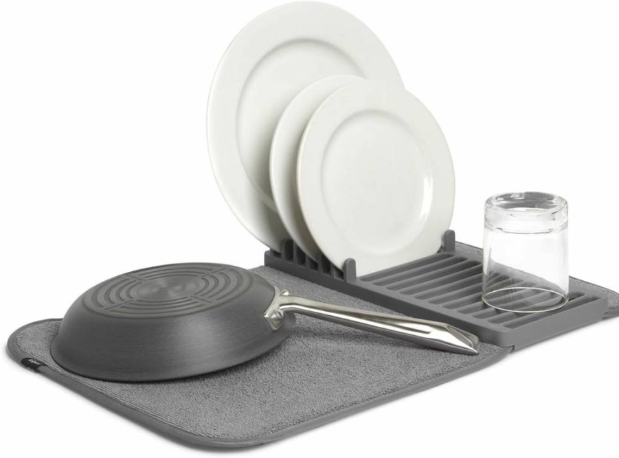Umbra Udry Foldable Dish Drying Rack with Microfiber Mat - Space-Saving Linen Design for Easy Storage