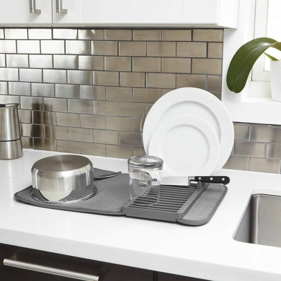 Umbra Udry Foldable Dish Drying Rack with Microfiber Mat - Space-Saving Linen Design for Easy Storage
