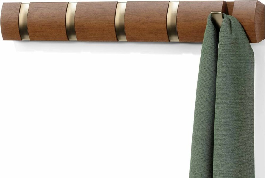Umbra Flip Wall Mounted Coat Rack with Retractable Hooks - Modern Space-Saving Walnut/Gold Hanger for Coats, Bags & Accessories
