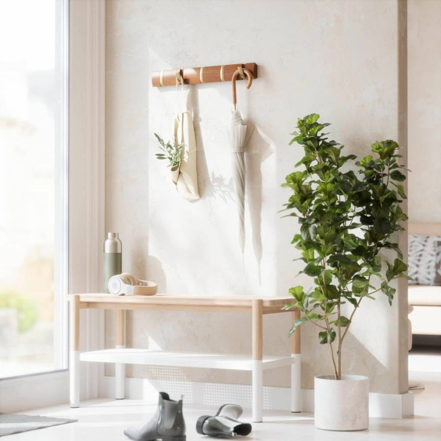 Umbra Flip Wall Mounted Coat Rack with Retractable Hooks - Modern Space-Saving Walnut/Gold Hanger for Coats, Bags & Accessories