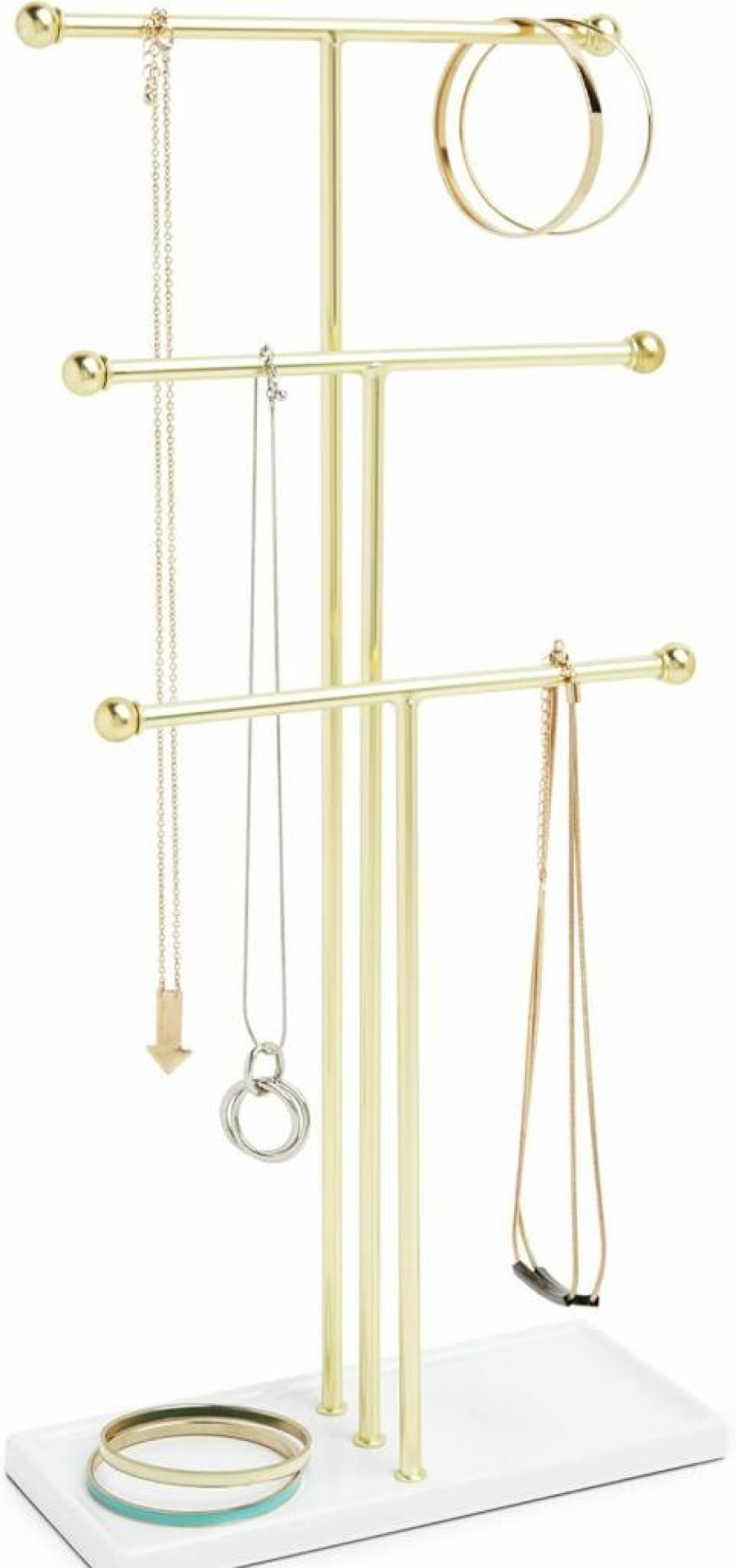 Umbra Trigem 3-Tier Jewelry Organizer - Free Standing Necklace Display for Countertop, Tabletop, or Hanging, Brass and White Finish