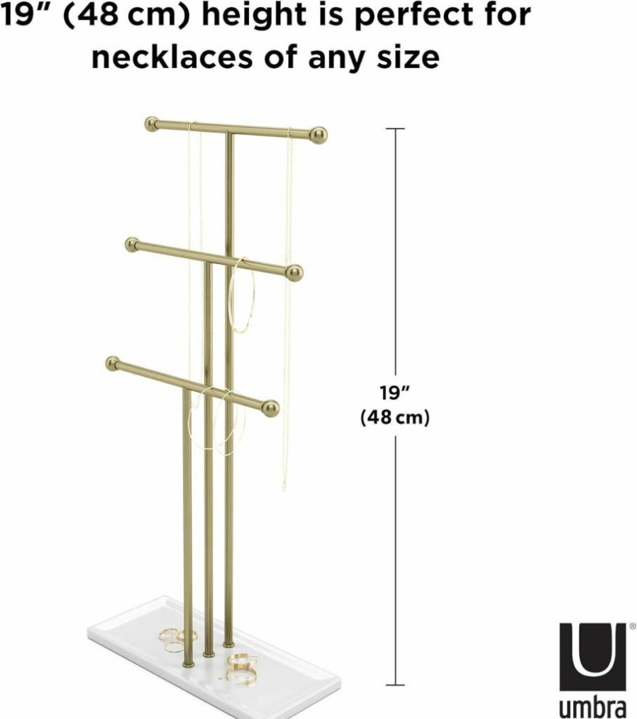 Umbra Trigem 3-Tier Jewelry Organizer - Free Standing Necklace Display for Countertop, Tabletop, or Hanging, Brass and White Finish