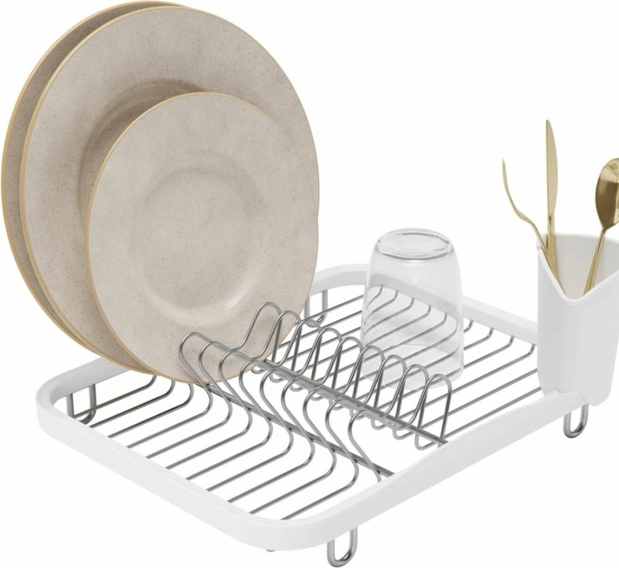 Umbra Sinkin Dish Drying Rack with Removable Cutlery Holder - Counter or In-Sink Drainer Caddy - White/Nickel Standard Size