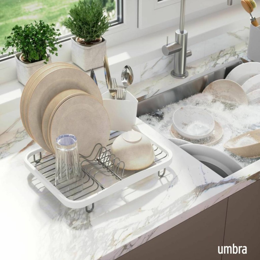 Umbra Sinkin Dish Drying Rack with Removable Cutlery Holder - Counter or In-Sink Drainer Caddy - White/Nickel Standard Size