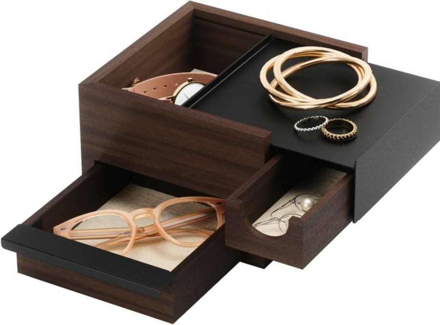 Umbra Stowit Walnut Jewelry Box with Hidden Compartments - Ring, Bracelet, Necklace Organizer for Earrings & Watches, Modern Storage Case
