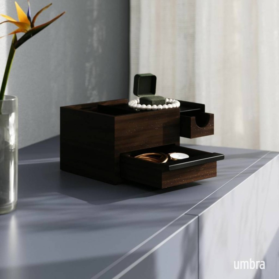 Umbra Stowit Walnut Jewelry Box with Hidden Compartments - Ring, Bracelet, Necklace Organizer for Earrings & Watches, Modern Storage Case