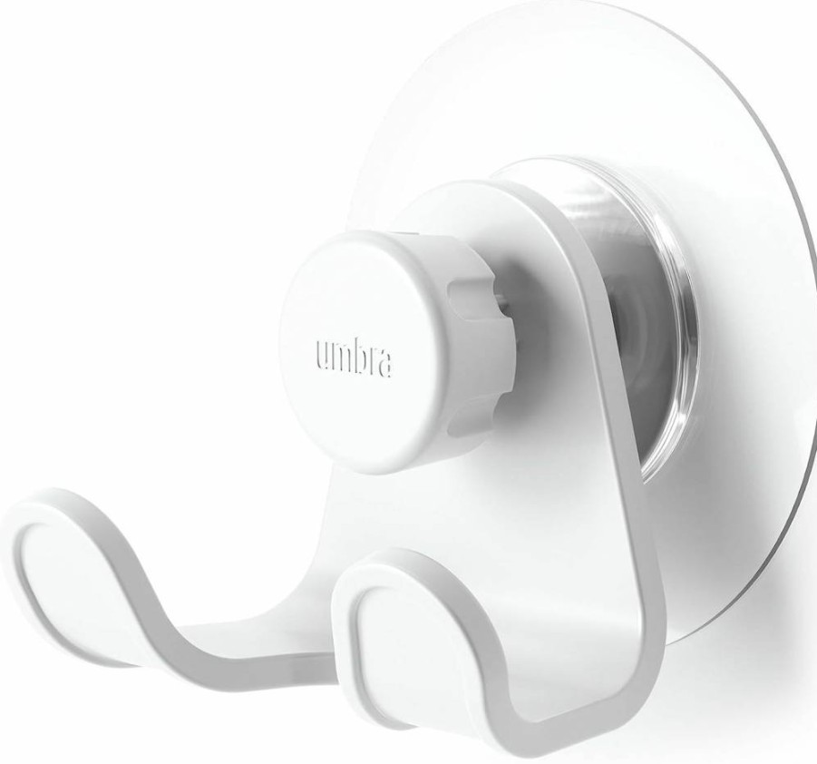 Umbra White Flex Adhesive Double Hook - Strong Sticky Wall Hooks for Hanging Organizers, Hats, Keys & More