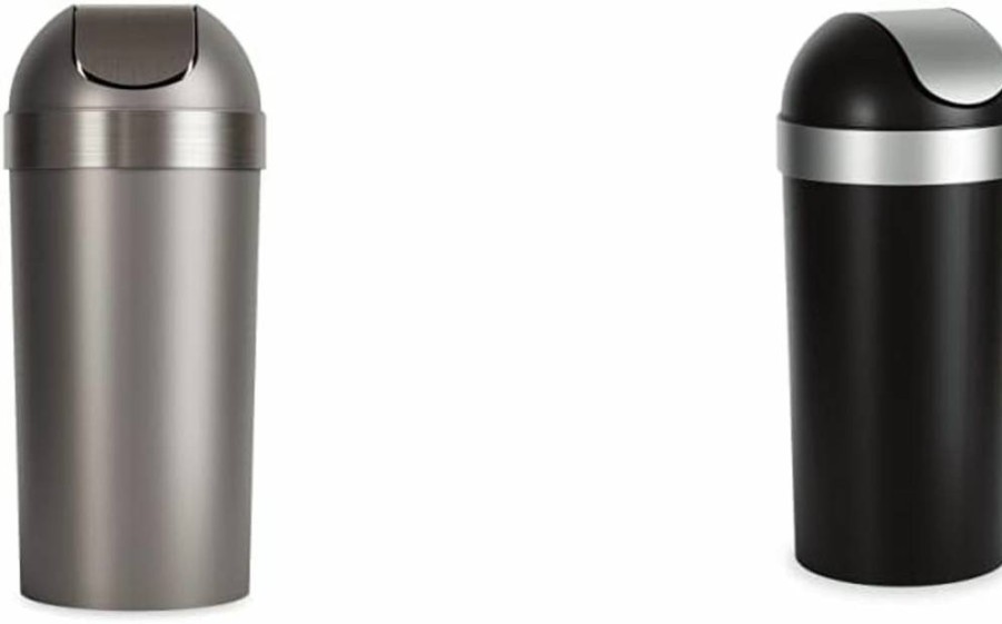 Umbra Vento 16.5-Gallon Open Top Kitchen Trash Can for Indoor, Outdoor & Commercial Use - Large Garbage Bin in Black/Nickel & Grey/Steel