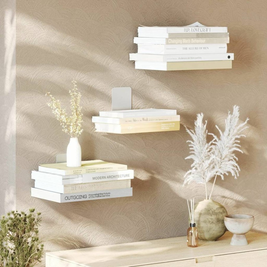 Umbra Conceal Floating Bookshelf Set of 3 - Large, Modern Silver Wall Shelves for Home Decor