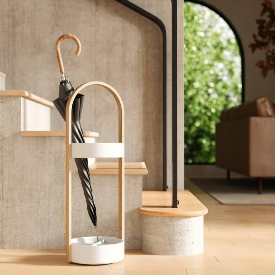 Umbra Bellwood Modern White and Natural Wood Umbrella Stand for Home Entryway Storage