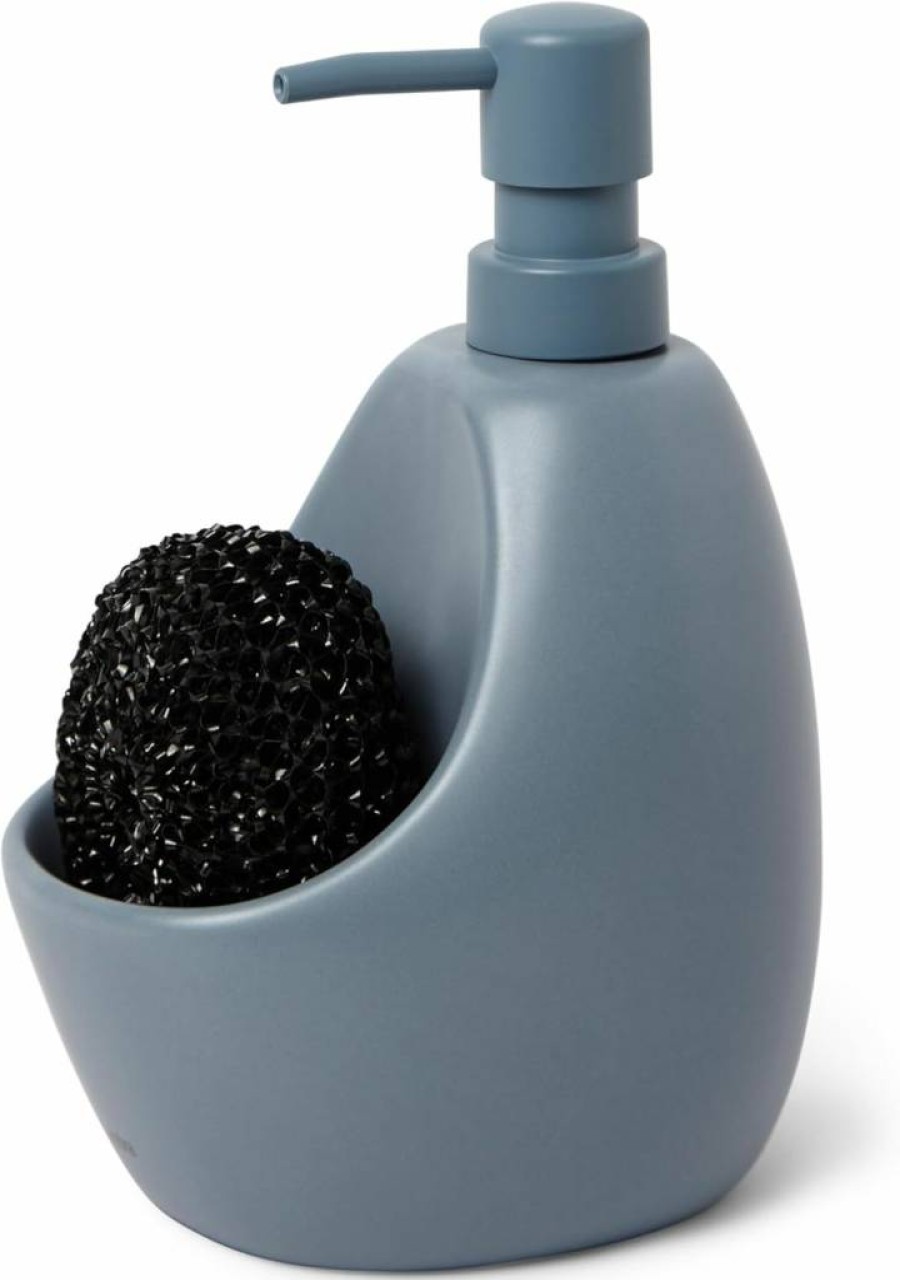 Umbra Joey Matte Ceramic Soap Dispenser with Sponge Holder - 20oz Slate Blue for Kitchen & Bathroom