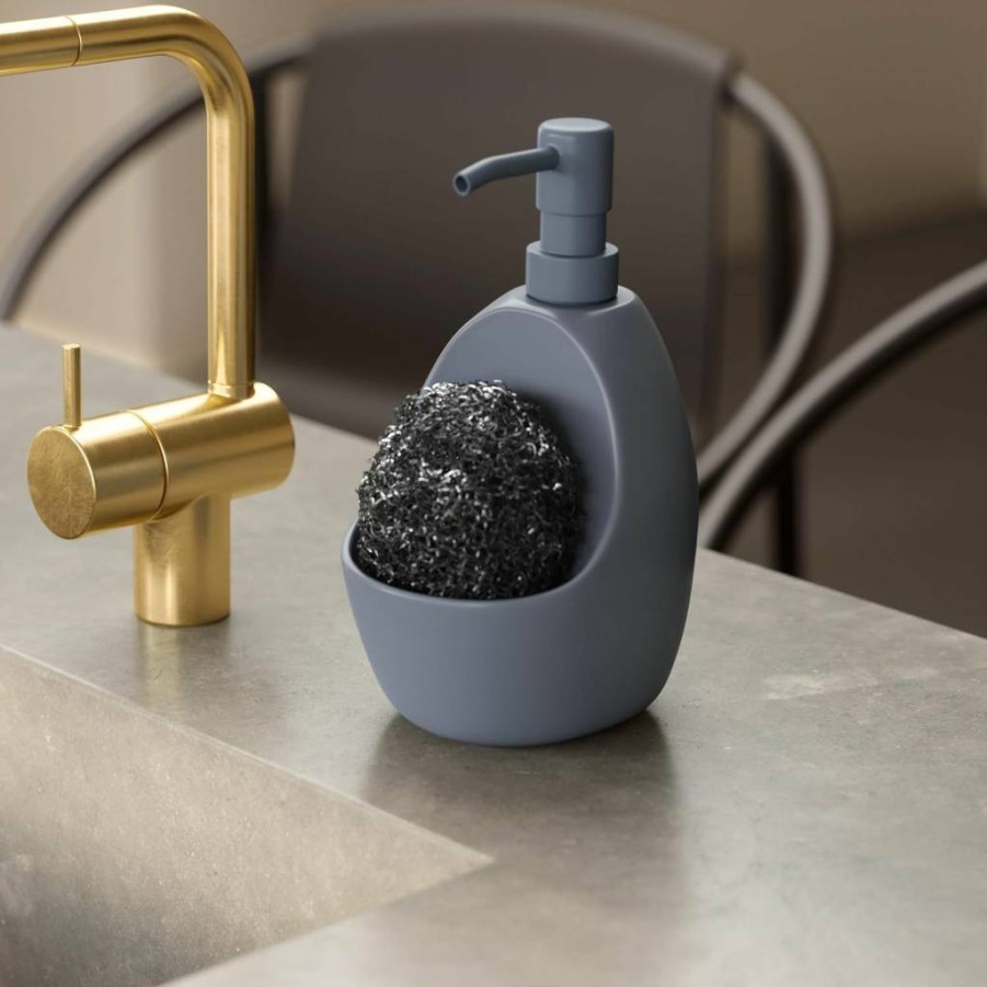 Umbra Joey Matte Ceramic Soap Dispenser with Sponge Holder - 20oz Slate Blue for Kitchen & Bathroom