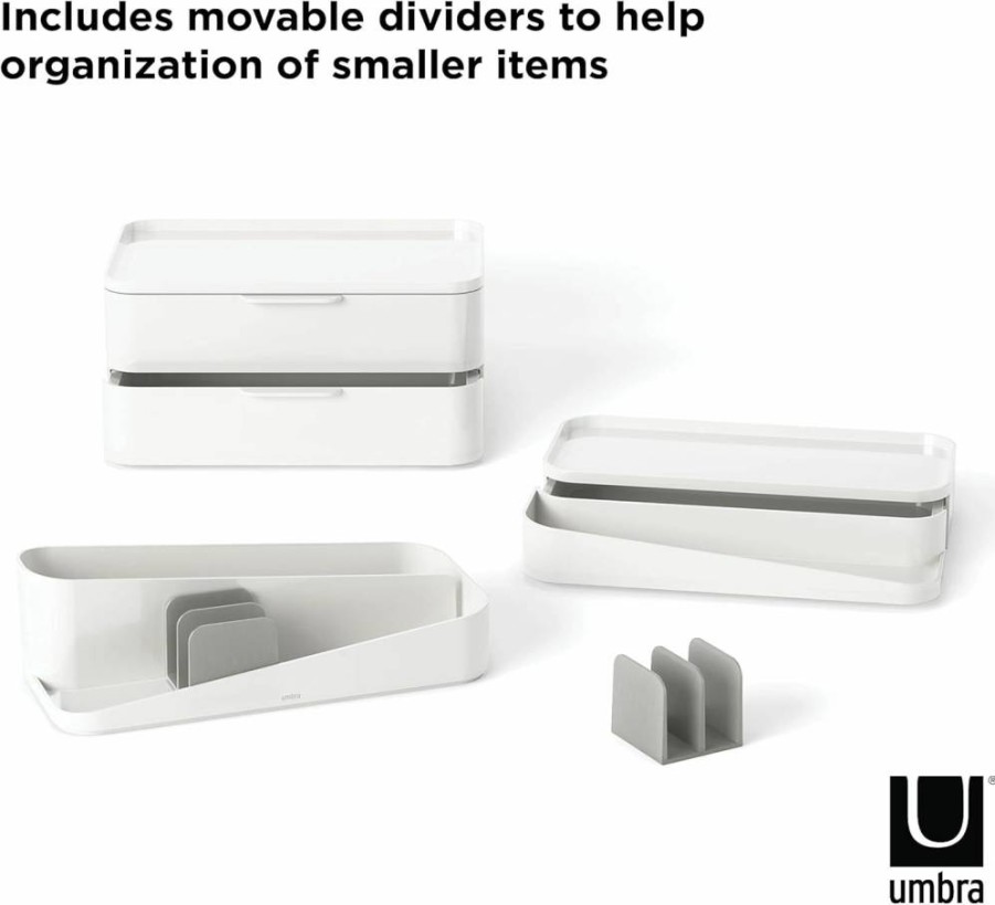 Umbra Glam Large Makeup Organizer with 3 Drawers, Removable Dividers, Non-Slip Rubber Feet, White & Grey Cosmetic Storage