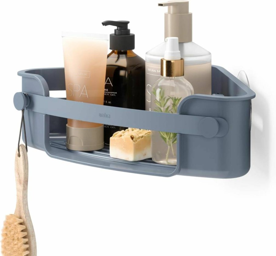 Umbra Flex Adhesive Corner Trash Can, Slate Blue, Small Waste Bin for Bathroom or Kitchen