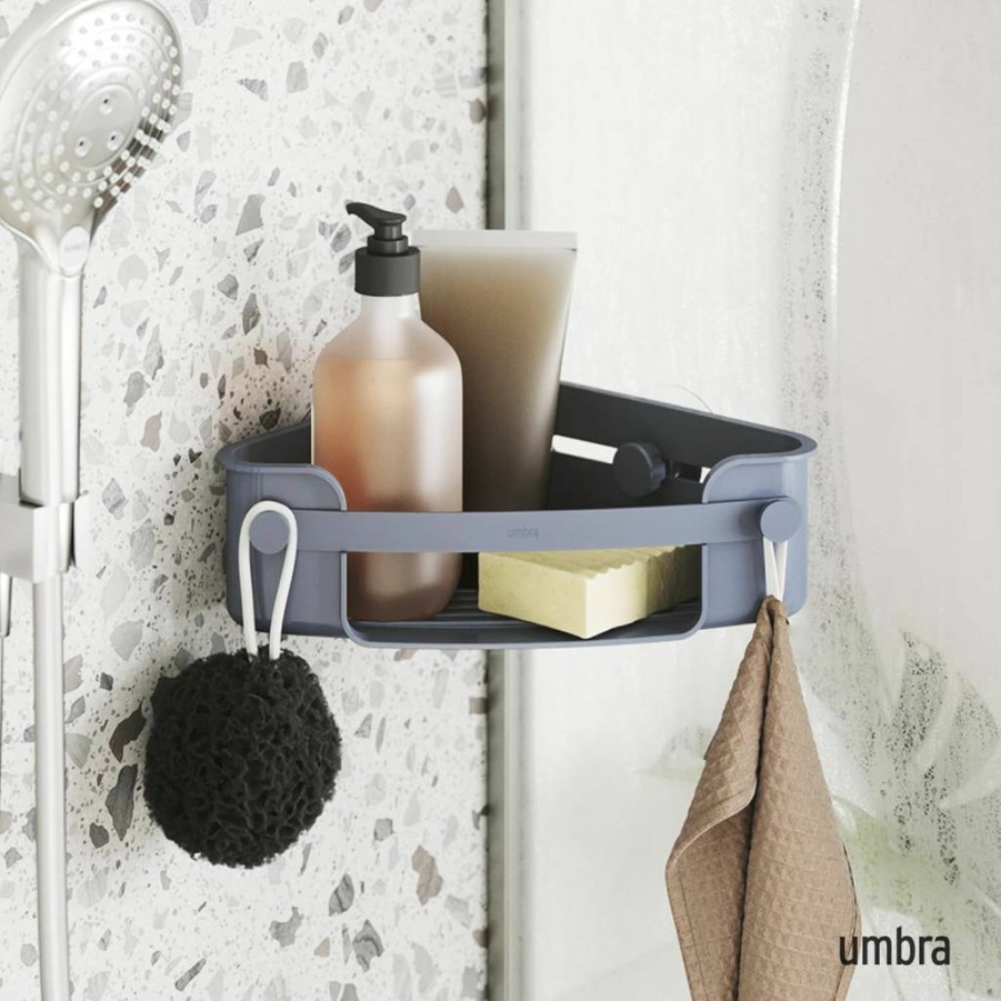 Umbra Flex Adhesive Corner Trash Can, Slate Blue, Small Waste Bin for Bathroom or Kitchen