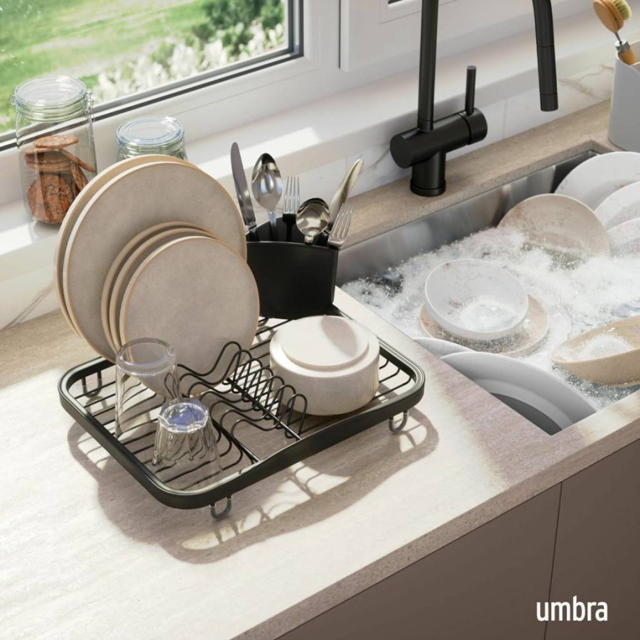 Umbra Modern Black Dish Rack for Kitchen Countertop - Space Saving Sink Organizer