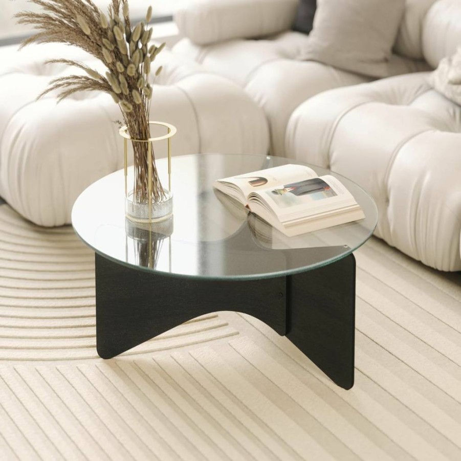Umbra Madera Round Modern Coffee Table - Contemporary Black Wood End Table