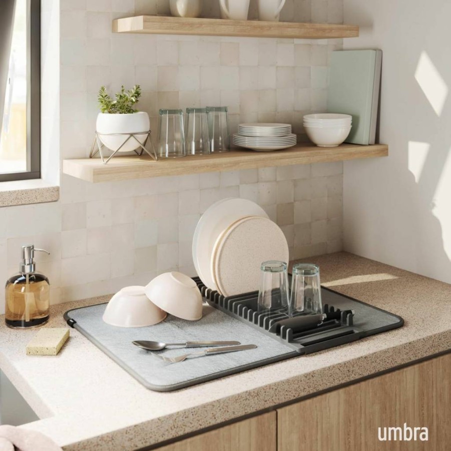 Umbra Udry Wall-Mounted Drying Rack and Microfiber Dish Mat - Charcoal, 24 x 18 Inches, Space-Saving Kitchen Organizer