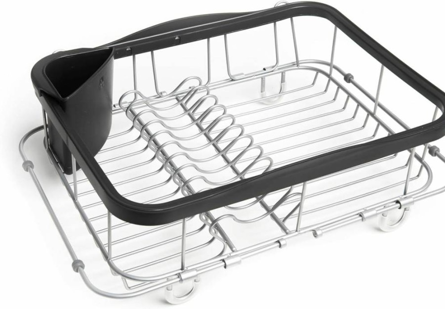 Umbra Deluxe Over Sink Dish Drying Rack with Cup Holders, Removable Cutlery Caddy, Black Nickel Finish for Counter or In-Sink Use