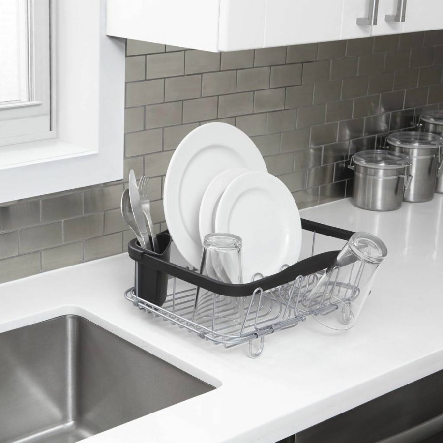 Umbra Deluxe Over Sink Dish Drying Rack with Cup Holders, Removable Cutlery Caddy, Black Nickel Finish for Counter or In-Sink Use
