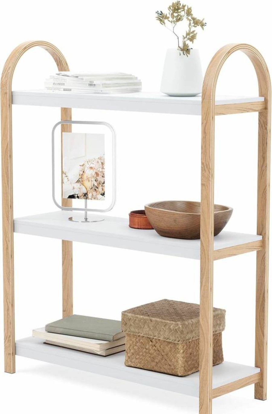 Umbra Bellwood Freestanding Shelf - Modern White & Natural Wood Storage Unit for Home Decor