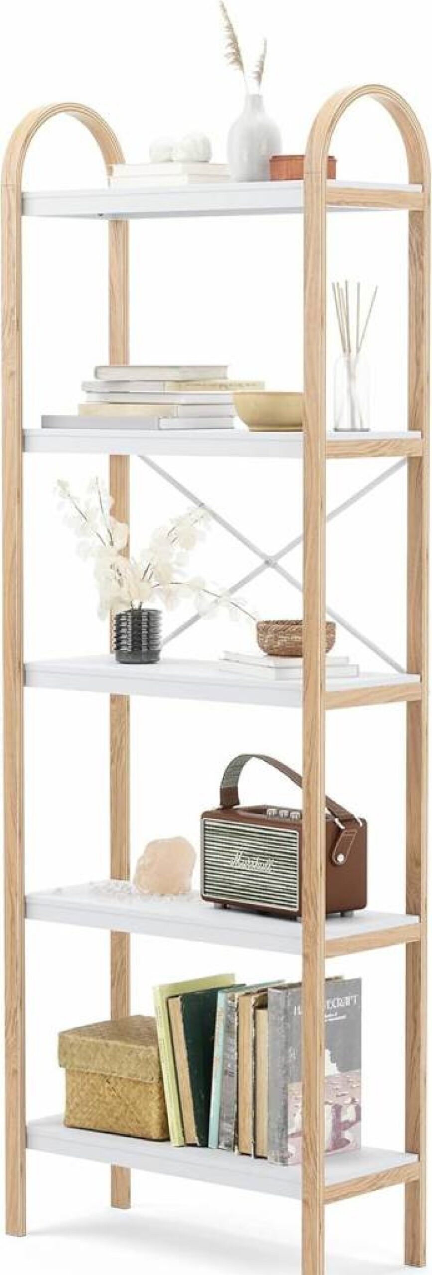 Umbra Bellwood 5-Tier Freestanding Shelf - Modern Black & Walnut Wood Storage Unit for Home & Office Organization