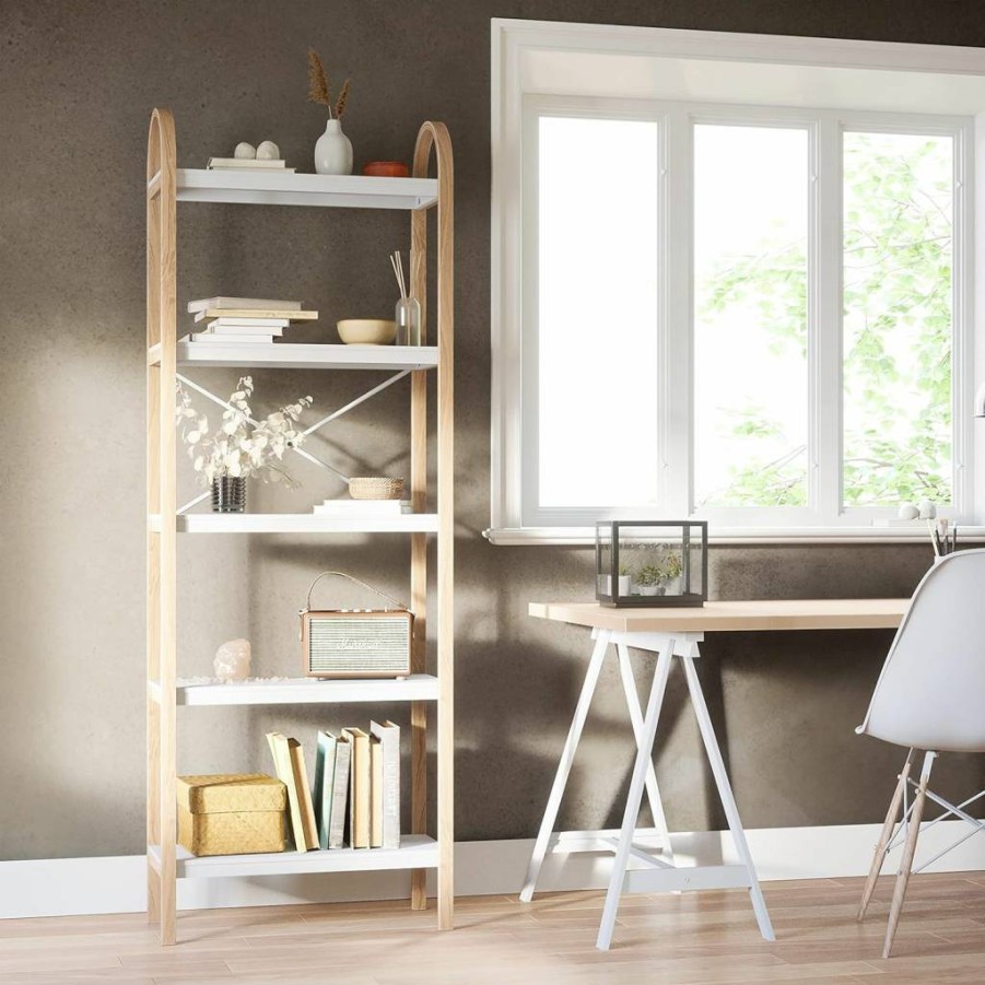 Umbra Bellwood 5-Tier Freestanding Shelf - Modern Black & Walnut Wood Storage Unit for Home & Office Organization